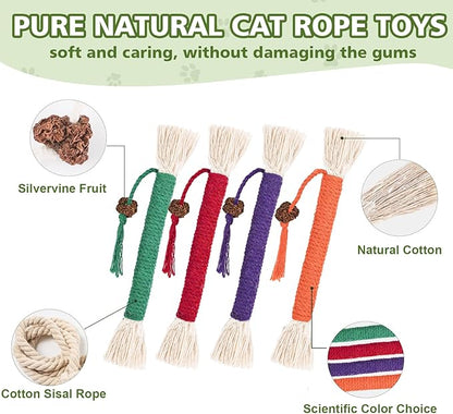 8 Pack Catnip Chew Toys for Cats,Cotton Sisal Rope Toys,Cat Natural Silvervine Sticks,for Cat Teeth Cleaning and Dental Care,Interactive Toy for Bored Indoor Cats