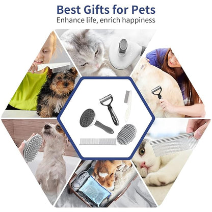 WOPQAEM Dog Brush Grooming Kit 5 PCS - Self Cleaning Slicker Brush for Shedding Short Long Haired Dogs & Cats, Includes Pet Comb, Flea Comb, Bath Brush, Undercoat Rake - Complete Fur Care Set - Gray