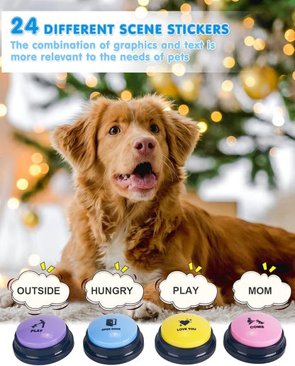 Dog Buttons for Communication, 4 Dog Talking Button Set, Speaking Buttons for Cats and Dogs, 30s Voice Recordable Pet Training Buzzer with Waterproof Dog Activity Mat and 48 Scene Stickers