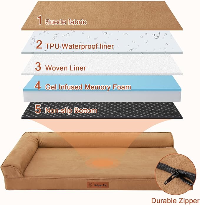 Rainmr Orthopedic Dog Bed Medium Size Dog, Memory Foam Dogs Bed for Medium Dogs, Washable and Removable Microsuede Cover, Waterproof Liner, Non-Skid Bottom, 35x23x6 Inches, Khaki