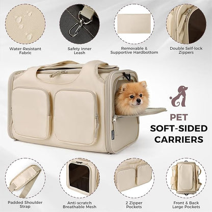 Dog, Cat Carrier for Pets Up to 15 Lbs, Airline Approved Collapsible Soft-Sided Pet Travel Bag with Locking Zippers, Breathable Mesh and 4 Large Pockets, Removable Fleece Pad (Beige)