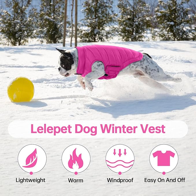 Lelepet Reversible Dog Coat Waterproof Dog Jacket Windproof Puffer Vest for Winter Warm Lightweight Coats for Large Dogs Adjustbale Hook & Loop Pet Apparel with Leash Hole, Pitbull, Rose Red, XL