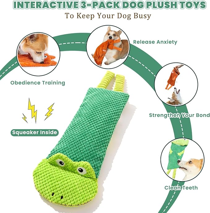 Tierglück Interactive Squeaky Dog Toys for Small, Medium & Large Dogs, 3-Pack No-Stuffing Plush Chew Toys with Crinkle for Teething Puppies & Gentle Chewers – Keeps Bored Dogs Busy and Safe