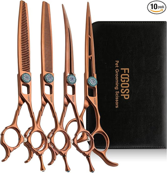 7'' Dog Grooming Scissors Set 4PCS Curved Thinning Straight Chunkers Shears Kit with Hollow Out Design Ergonomic Offset Handle High Cobalt Alloy Steel Sharp and Durable(7, Chocolate Kit)