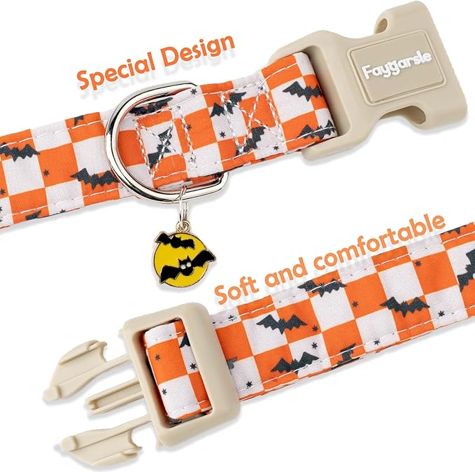 Faygarsle Halloween Dog Collar with Charm, Orange and White Checkered with Bats Pattern,for Small Medium Large Dogs XS