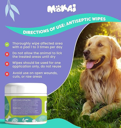 MOKAI Antiseptic Wipes for Dogs Cats and Horses | Dog Chlorhexidine Wipes with Ketoconazole Dermatological Pads Hot Spots Itchy Paws Skin Rashes