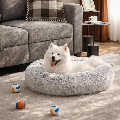 Dog & Cat Bed for Indoor Cats, 30in Calming Donut Pillow mat for Puppy and Kitten, Washable Cooling Round Fluffy Pet Nest for Small Medium Dogs and Cats, Light Grey