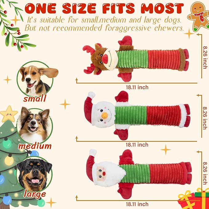 MeetYooo Christmas Squeaky Dog Toys- 3 Pack No-Stuffing Dog Chew Toys with Crinkle and Squeaker- Elk, Santa Claus, Snowman Chew Toys to Keep Them Busy, Tug of War Toys for Medium and Large Dogs