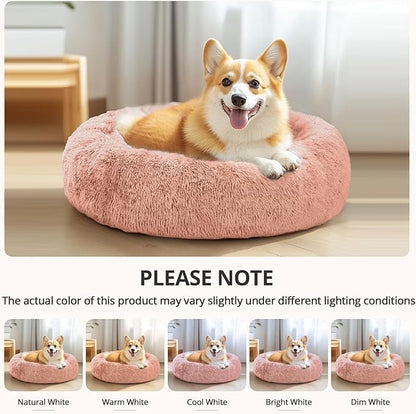 JOLLYVOGUE Calming Dog Bed for Small Dogs - 23 inches Donut Washable Small Dog Bed for Kittens & Puppies, Anti-Slip Round Fluffy Plush Faux Fur Cat Beds (Fits up to 25 lbs Pets, Peach Pink)