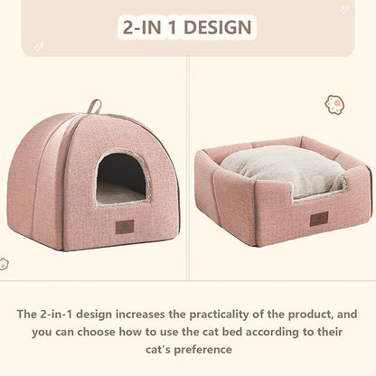 Cat Bed for Indoor Cats - Cat Cave Bed Cat House Cat Tent with Removable Washable Cushioned Pillow, Soft and Self Kitten beds,Cat Beds & Furniture, Pet Bed (Large, Pink)