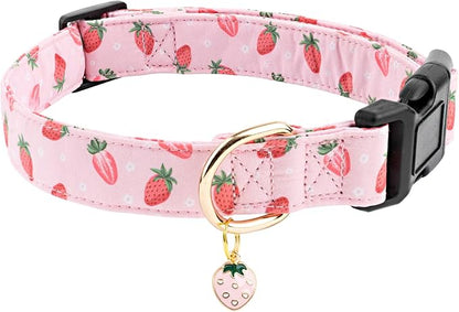 Faygarsle Pink Strawberry Print Cotton Dog Collar for Small, Medium, Large Boys Girls Dogs XS