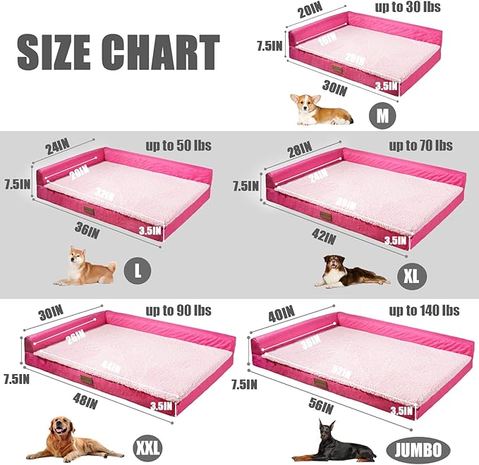 Patas Lague Orthopedic Jumbo Dog Bed for Extra Large Dogs 56''X40'', Waterproof L Bolster Pet Sofa Beds with Removable Washable Cover, Soft Comfortable Pet Couch Crate Mat with Nonskid Bottom, Pink