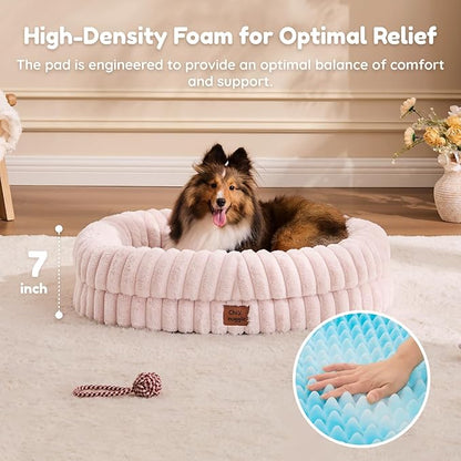 Dog Bed Medium Sized Dog - Luxury Striped Faux Fur Waterproof Pet Couch with Removable Washable Cover, Orthopedic Pet Bed with Bolster Sides for Sleeping, Pink