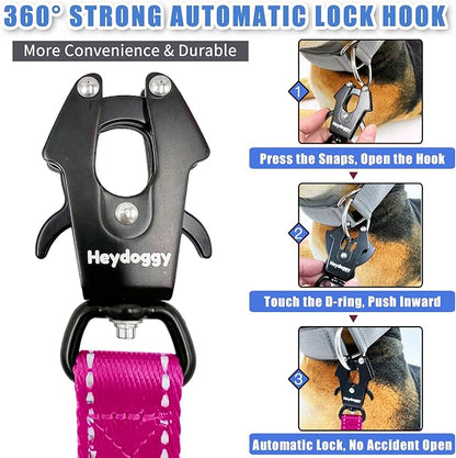 Strong Heavy Duty Dog Leash - 5ft Reflective Nylon Training Leash with Soft Padded Double Handle & Auto Lock Frog Clip - Safety Traffic Control for Large Medium Small Dogs No Pull Walk Hot Pink,5ft