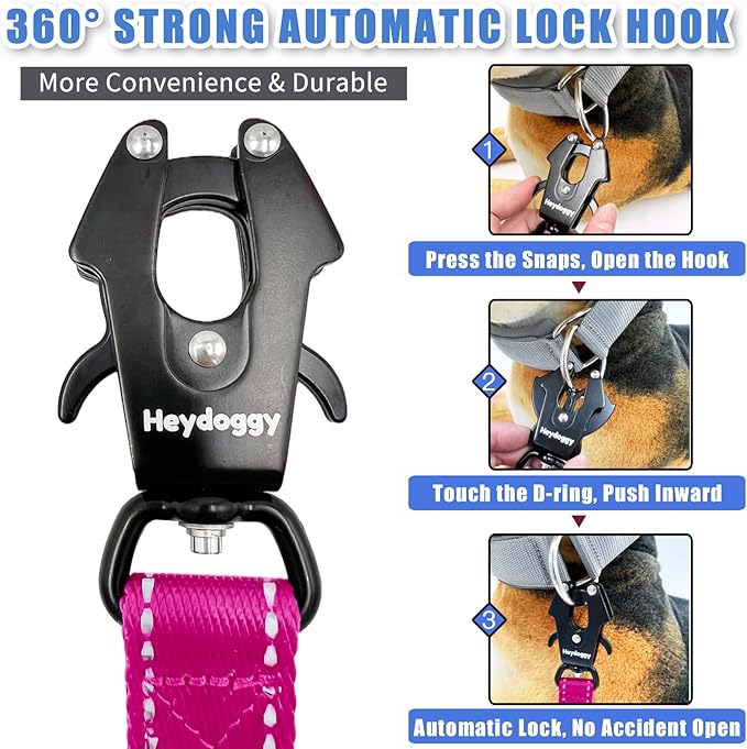Strong Heavy Duty Dog Leash - 4ft Reflective Nylon Training Leash with Soft Padded Double Handle & Auto Lock Frog Clip - Safety Traffic Control for Large Medium Small Dogs No Pull Walk Hot Pink,4ft