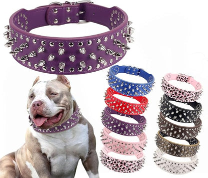 Hoot PU Leather Adjustable Spiked Studded Dog Collar 2" Wide 31 Spikes 52 Studs (S(Neck 17"-20"), Purple)