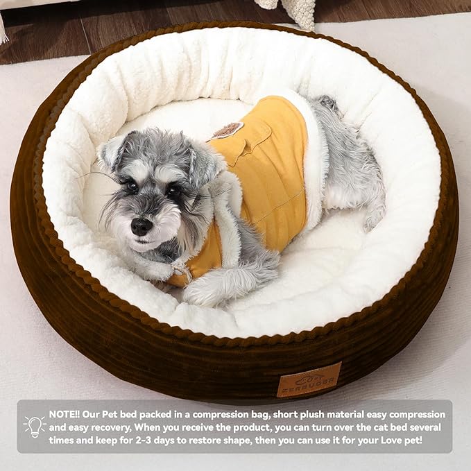 Zerbuger 23in Round Cat Dog Bed for Large Medium Small Dogs Cats, Machine Washable Sleeping Sofa, Non-Slip Bottom Breathable Soft Calming Pet Cuddler for Indoor/Outdoor/Car/Cage, Brown