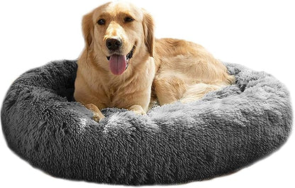 MFOX Calming Dog Bed for Large Dogs - Donut Washable Large Pet Bed, 36 inches Anti-Slip Round Fluffy Plush Faux Fur Dog Bed, Fits up to 75 lbs Pets, Black