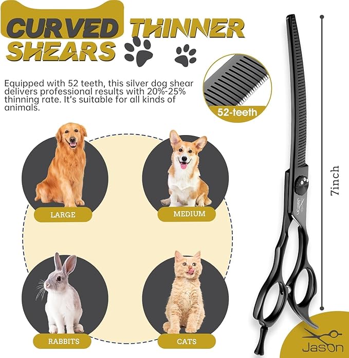 JASON Dog Thinners for Grooming - 7" Down-curved Blender Scissors, Japanese 440C Stainless Steel Dog Grooming Thinning Shears with Adjustable Screw Black