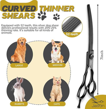 JASON Dog Thinners for Grooming - 7" Down-curved Blender Scissors, Japanese 440C Stainless Steel Dog Grooming Thinning Shears with Adjustable Screw Black