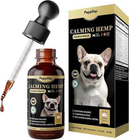 POPPAW Calming Drops for Dogs, Soothe Separation, Thunder & Fireworks Stress, Support Calmness, Focus & Cognitive Health, Promote Emotional Balance, for Dogs 12 Weeks+, Chicken Flavor, 1 FL.OZ