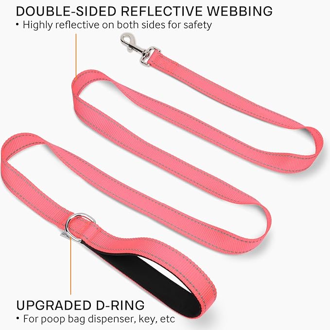 Joytale Double-Sided Reflective Dog Leash, 6 FT/5 FT/4 FT, Padded Handle Nylon Heavy Duty Leashes for Medium & Large Dogs Walking, Neon Pink, 6FT