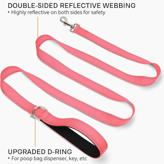 Joytale Double-Sided Reflective Dog Leash, 6 FT/5 FT/4 FT, Padded Handle Nylon Heavy Duty Leashes for Medium & Large Dogs Walking, Neon Pink, 6FT