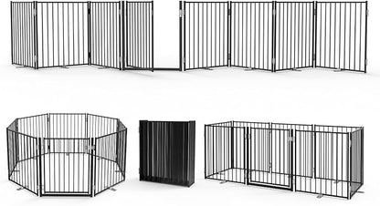 No Pawblems Free Standing Dog Gate with Door, 30'' Tall Foldable Dog Fence for Indoor & Outdoor, Up to 208 Inch Extra Wide Puppy Gate for Stairs, Hallways, Doorways, Deck, Yard (Black, 8 Panels)