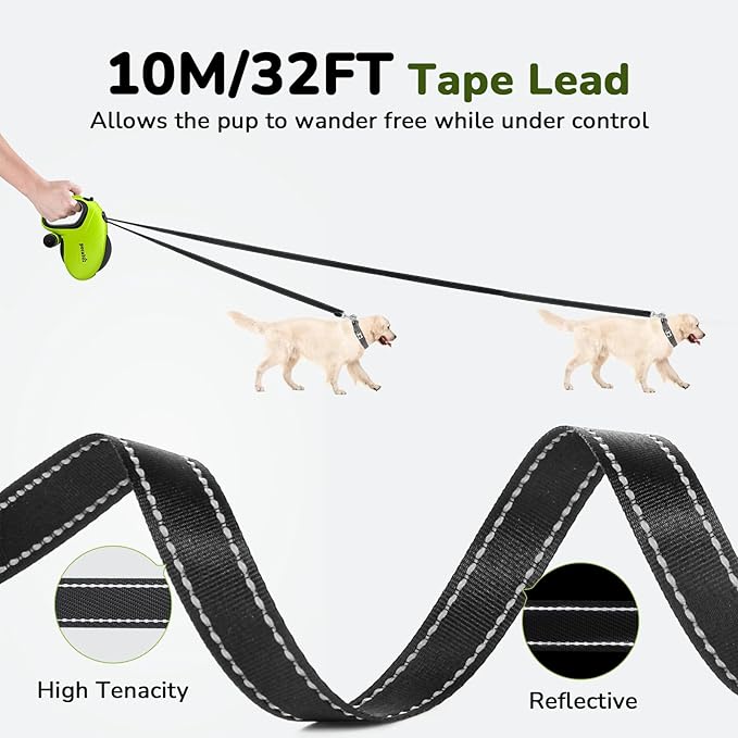 Pecute 32ft Retractable Dog Leash with Reflective Strips, 360° Tangle-Free, One-Button Control & Sturdiness Nylon Material, Long Leash Retractable with Poop Bag Holder for Medium Large Dog