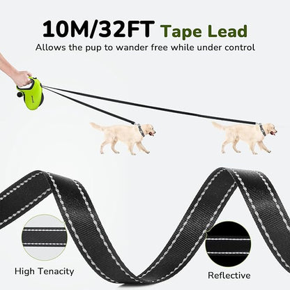 Pecute 32ft Retractable Dog Leash with Reflective Strips, 360° Tangle-Free, One-Button Control & Sturdiness Nylon Material, Long Leash Retractable with Poop Bag Holder for Medium Large Dog