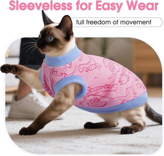 DENTRUN Sleeveless Cat Vest with Dinosaur Print, Breathable Ultra-Soft Dralon Fleece Cat Sweater, All-Season Pet Costume Apparel for Cats, Kitten Clothing for Indoor/Outdoor, Pink, M
