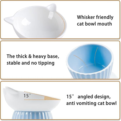 Wellbro Ceramic Raised Cat Bowl，Tilted Raised Bowl Anti Vomit for Indoor Cats Whisker Friendly Pet Feeder for Cats Puppies, Microwave and Dishwasher Safe (Pink)