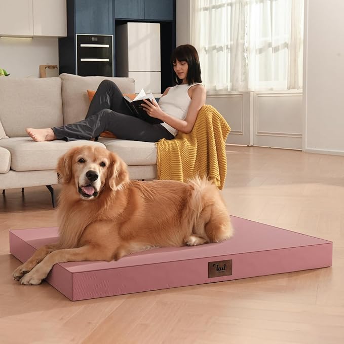 Tail Stories Outdoor Large Washable Dog Bed, Orthopedic Egg Crate Foam Dog Crate Mat for Large Dogs with Removable Oxford Cooling Cover, Pink