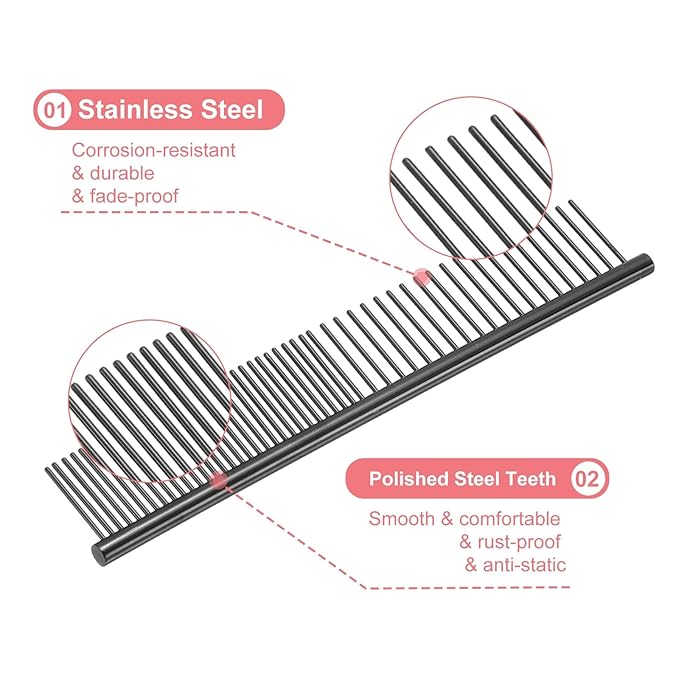 PETAXCELL Dog Cat Comb, Pet Combs Stainless Steel Teeth with Rounded Ends for Knots Mats Loose Hair Removal, 6.5IN (Black Plated, 3 Pack), Grooming Tool Intended for Long Curly Hair Pet