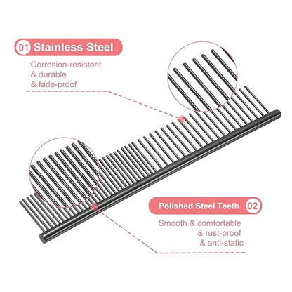 PETAXCELL Dog Cat Comb, Pet Combs Stainless Steel Teeth with Rounded Ends for Knots Mats Loose Hair Removal, 6.5IN (Black Plated, 3 Pack), Grooming Tool Intended for Long Curly Hair Pet