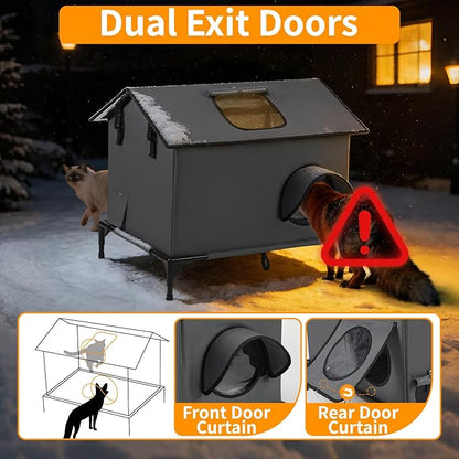 Large Heated Cat House for Outside, Weatherproof Insulated Indoor Extra Large Multi-Cat House with Adjustable Heating Pad, Escape Door & Elevated Base, Warm Shelter for Feral Stray Barn Cats