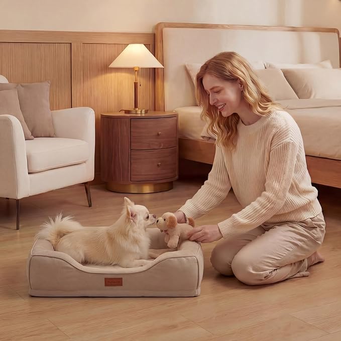 hush bone Puppy Beds for Small Dogs Orthopedic with Cooling Gel Memory Foam Washable Small Size Dog Couch with Removable Cover Waterproof for Senior Pets or Cats,24"x18"x6"Beige