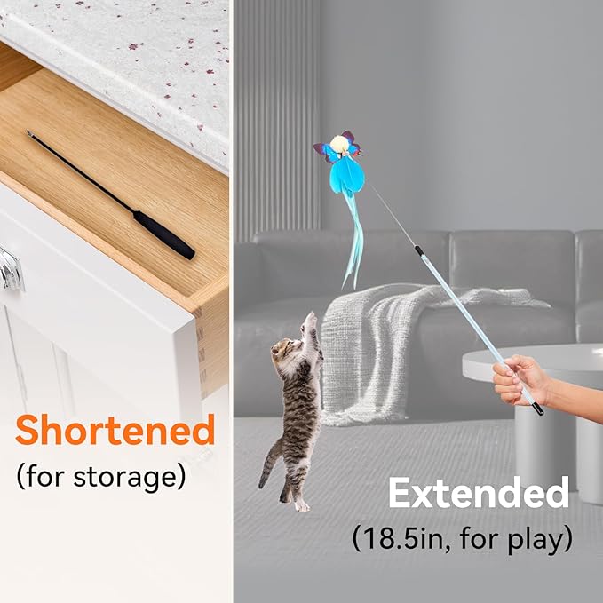 Blrmba Cat Toy Set 11PCS: Interactive Bird Toys for Indoor Kittens & Cat Teaser Wand, 39" Fishing Pole + 18.5" Short Telescopic Wand, 2 Wires, 6 Feather & 1 Bird Toy – EVA Handles, Exercising, Playing