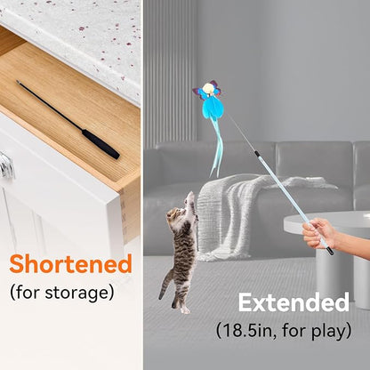 Blrmba Cat Toy Set 11PCS: Interactive Bird Toys for Indoor Kittens & Cat Teaser Wand, 39" Fishing Pole + 18.5" Short Telescopic Wand, 2 Wires, 6 Feather & 1 Bird Toy – EVA Handles, Exercising, Playing