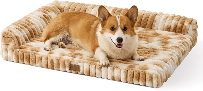 COZY KISS Cute Dog Bed, Faux Rabbit Fur Orthopedic Foam Dog Bed with Sides, Removable Washable Cover & Waterproof Lining, Comfortable Pet Couch for Medium Dogs, Tie-Dye Brown (36" L x 20" W x 6" Th)