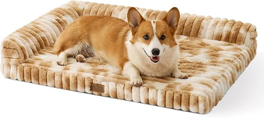 COZY KISS Cute Dog Bed, Faux Rabbit Fur Orthopedic Foam Dog Bed with Sides, Removable Washable Cover & Waterproof Lining, Comfortable Pet Couch for Medium Dogs, Tie-Dye Brown (36" L x 20" W x 6" Th)