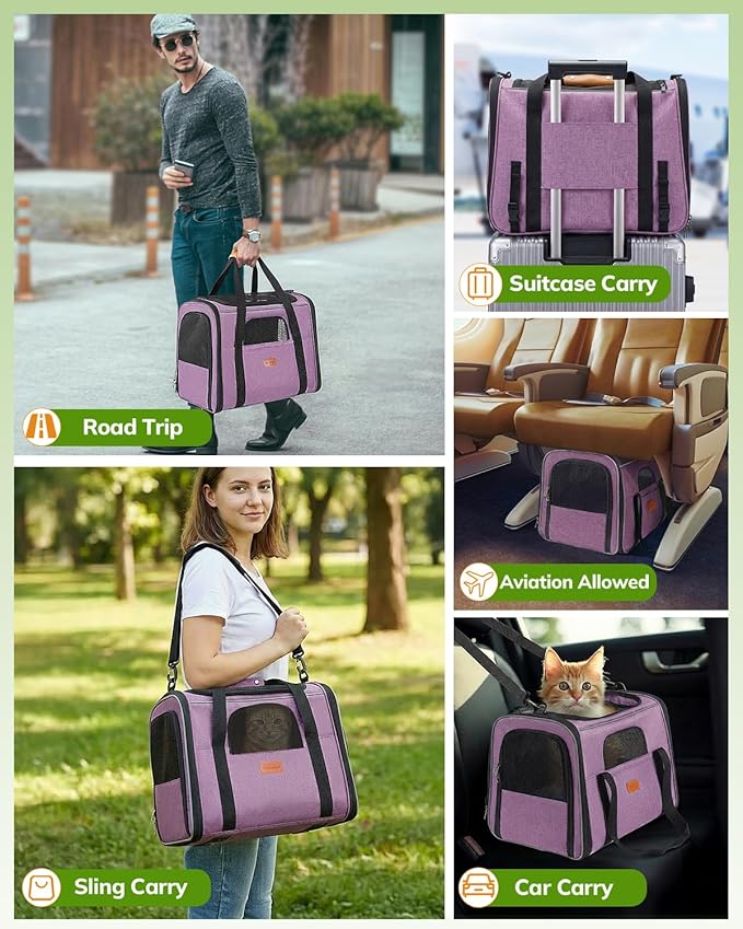 Morpilot Cat Carrier - Cat Carrier Soft for Medium or Large Cats up to 18lbs, with Dual-Sided Cushion, Secure Buckle and Foldable Bowl, Dog Carriers for Small Dogs(Purple)-17.3" L x 12.2" W x 13.4" H