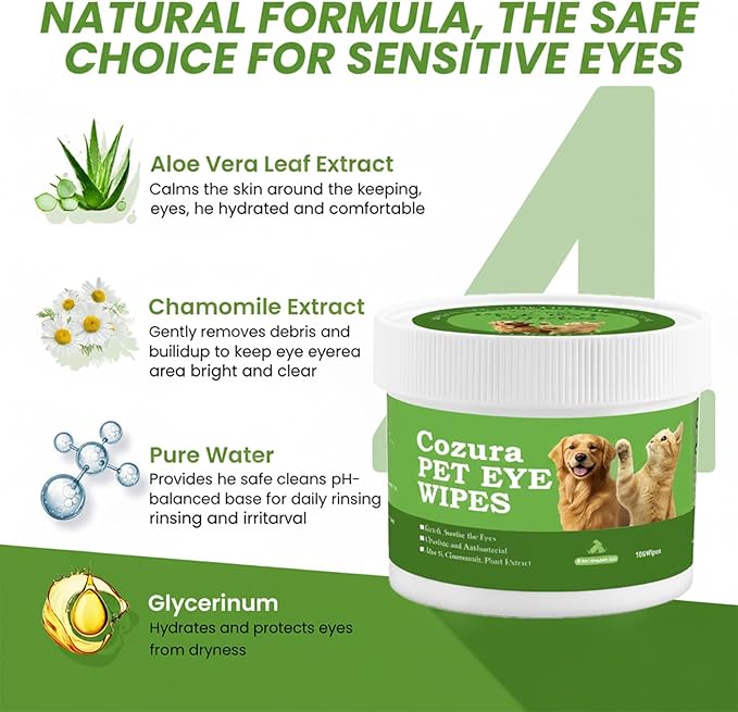 Cozura Dog & Cat Eye Wipes, Unscented 100ct Tear Stain Remover Pads - Hypoallergenic Pet Eye Cleaner for Discharge & Crust - Fragrance Free Grooming Wipes for Sensitive Eyes, Wrinkles & Folds