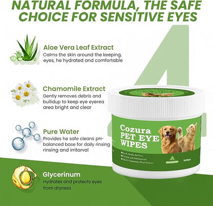 Cozura Dog & Cat Eye Wipes, Unscented 100ct Tear Stain Remover Pads - Hypoallergenic Pet Eye Cleaner for Discharge & Crust - Fragrance Free Grooming Wipes for Sensitive Eyes, Wrinkles & Folds