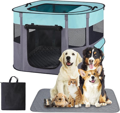 Portable Dog Cat Playpen with Waterproof Pad,Collapsible Pet Puppy Kitten Crate,Foldable Small Animals Kennel Cage for Indoor Outdoor Travel Camping,Water-Resistant Breathable Shade Cover (Green M)