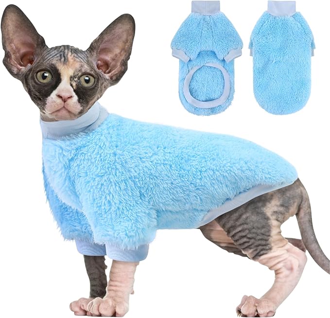 SUNFURA Sphynx Cat Sweater, Hairless Cats Turtleneck Pullover Kitten Sweaters for Cats Only, Warm and Soft Cat Pajamas Shirt with Sleeves Pet Winter Clothes Fleece Jumpsuit for Puppy, Blue M