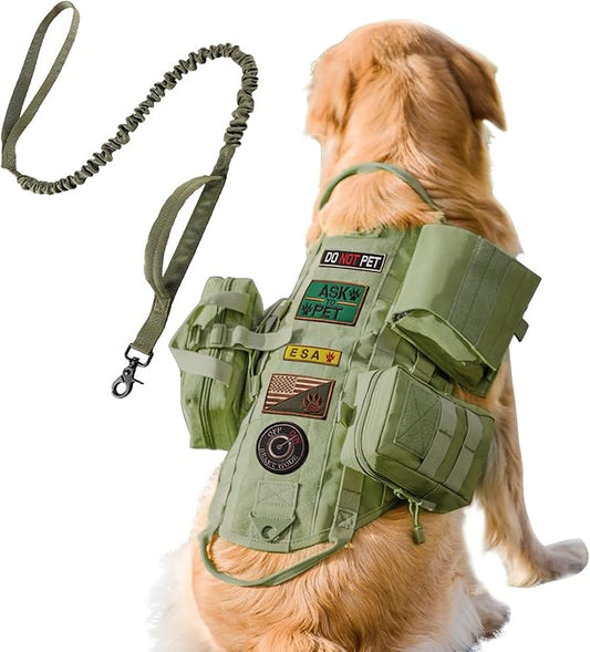 AIWAI Tactical Dog Harness with Pouches,Dog Vest Harness for Large Medium Dogs No-Pull Adjustable Military Dog Harness with Handle Walking Hiking Training (Army Green(with Leash), M)