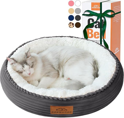 Zerbuger 20in Washable Cat Beds for Indoor Cats - Round Donut Pet Bed for Cats, Small Dogs, Puppy, Kitten - Anti-Slip Bottom, Calming Bed Gift - Dark Grey