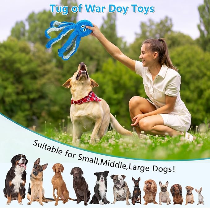 Eneston Dog Toys with Crinkle Paper- Octopus Stuffed Dog Squeak Toy Interactive Tug of War Puppy Toys for Small, Medium, Large Dogs