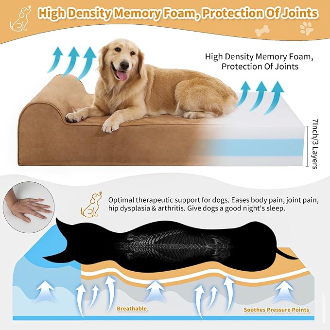 Rainmr Orthopedic Dog Beds for Large Dogs, 7" Memory Foam Dog Beds with Waterproof Liner, Durable Microsuede Cover, Removable and Washable, Nonskid Bottom, 52"x36"x7" XL Khaki